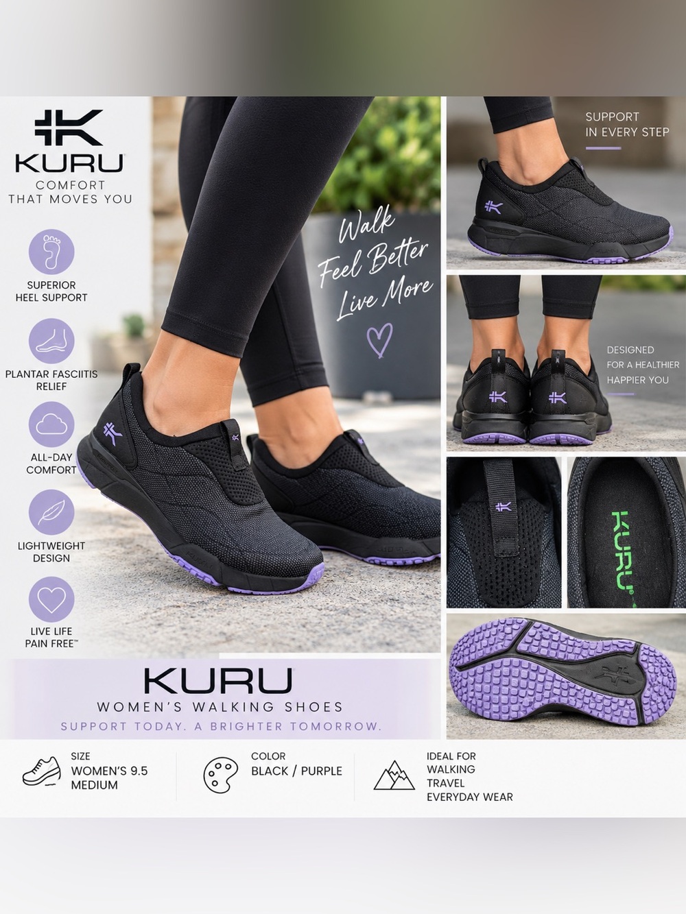 KURU Women's Slip-On Walking Sneakers Black Purple Size 9.5 Medium